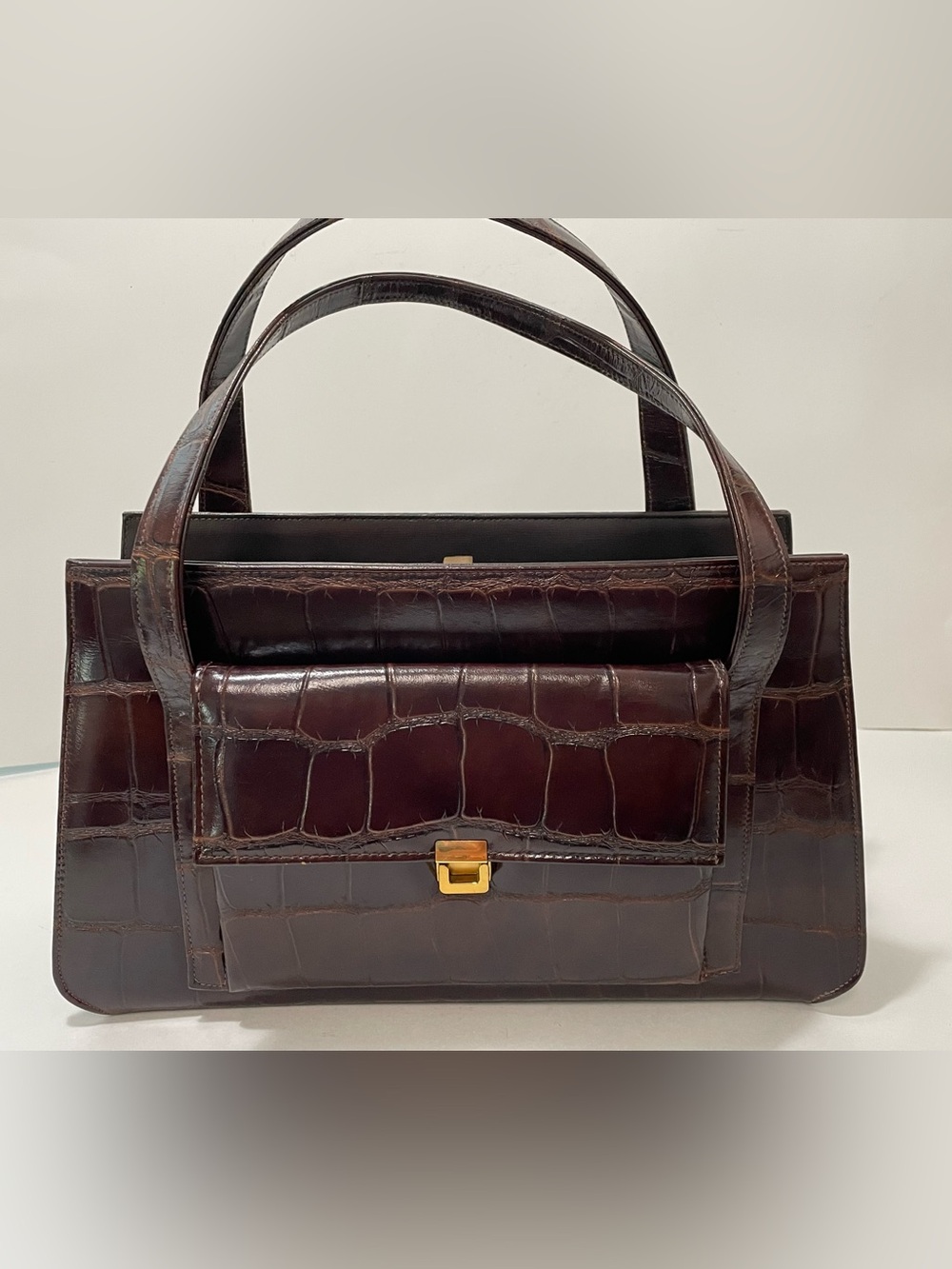 Vintage 1950s Faux Alligator Embossed Structured Top Handle Handbag Brown